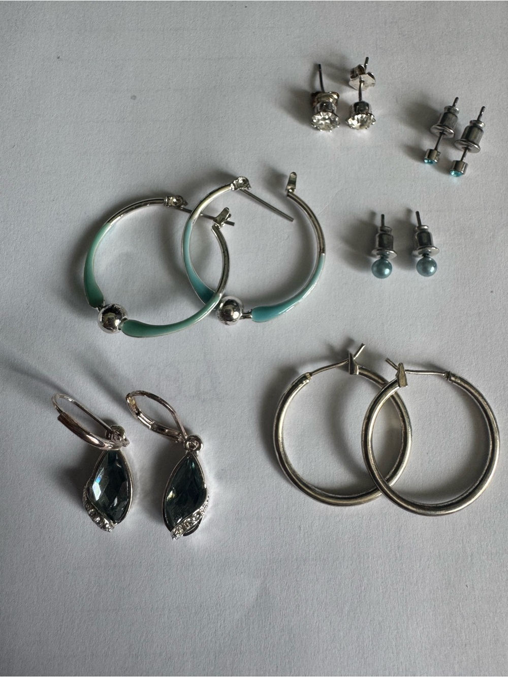 Silver Tone and Teal Hoop Earrings - Brand Unspecified Six Pairs